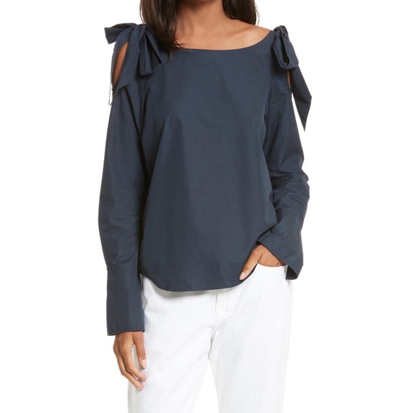 Frame Denim Tops - FRAME Bow Cold Shoulder Cotton Blouse In Navy